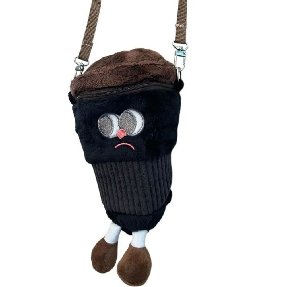 Small Plush Cute Anthropomorphic Brown Coffee Cup Crossbody Shoulder Bag New